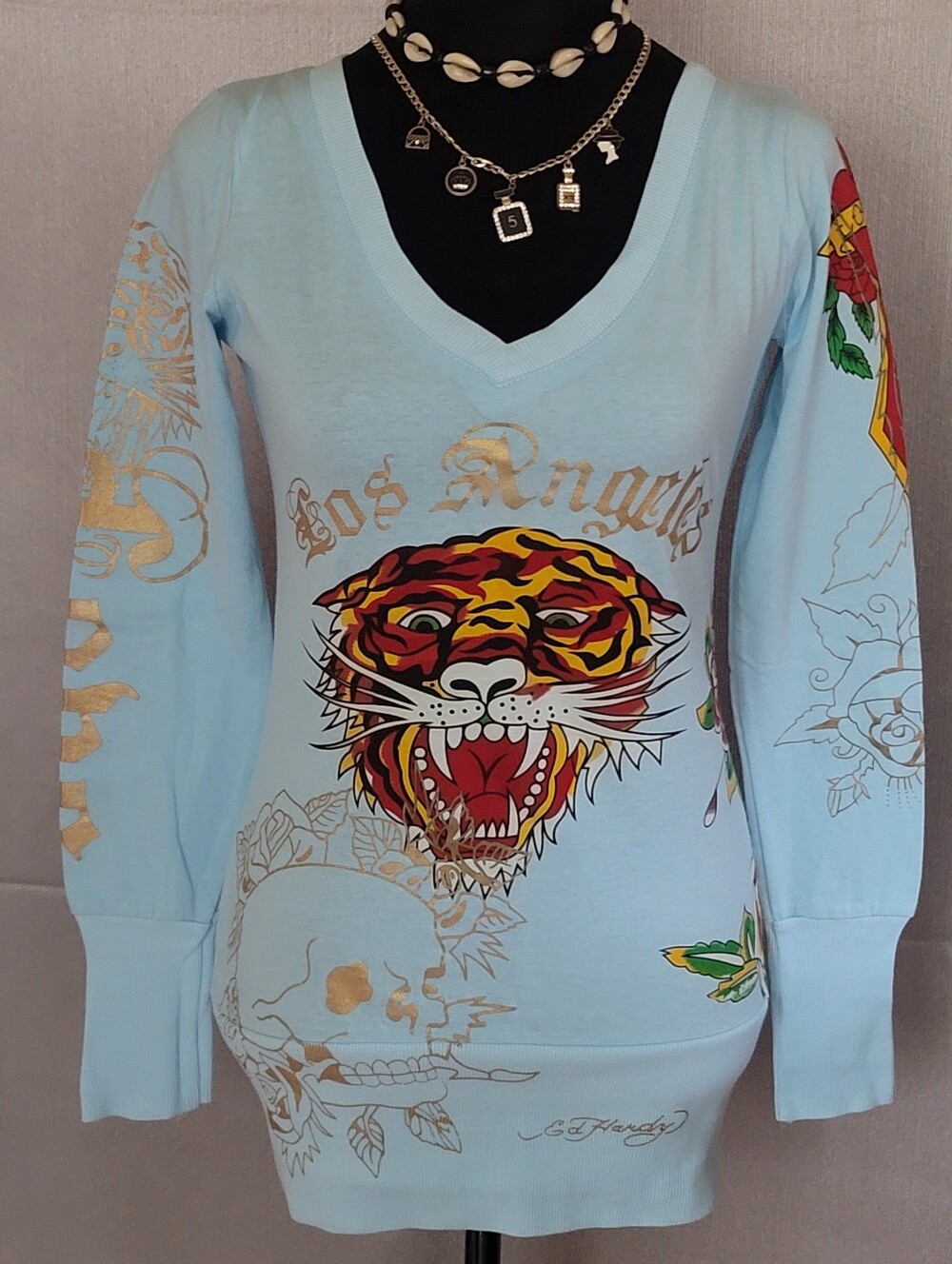 Ed Hardy Style Light Blue V-Neck Tiger Graphic Top